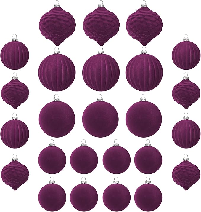 KI Store Velvet Ornaments for Christmas Tree Magenta Purple 25pcs Flocked Christmas Balls Assortment for Xmas Tree Holiday Decor