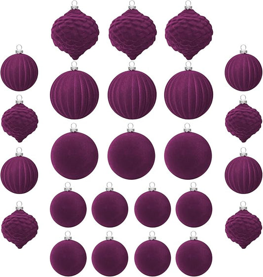 KI Store Velvet Ornaments for Christmas Tree Magenta Purple 25pcs Flocked Christmas Balls Assortment for Xmas Tree Holiday Decor