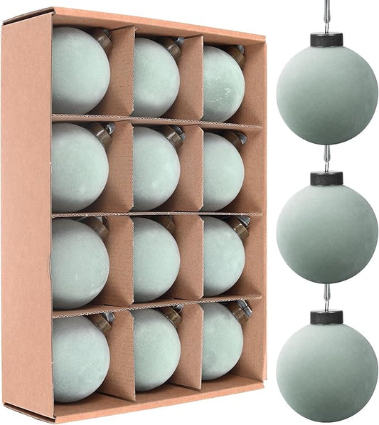 12 Pcs Velvet Christmas Balls Bulk Shatterproof Plastic Christmas Tree Decorations for Decorative Hanging Baubles (12, Haze Blue, 3.15Inch)