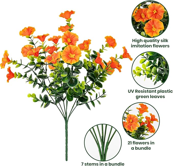 Artificial Faux Flowers for Outdoor 16 Bundles Boxwood Fake Morning Glory for Planter,UV Resistant Fake Flowers for Home Porch Patio Outside（Orange）
