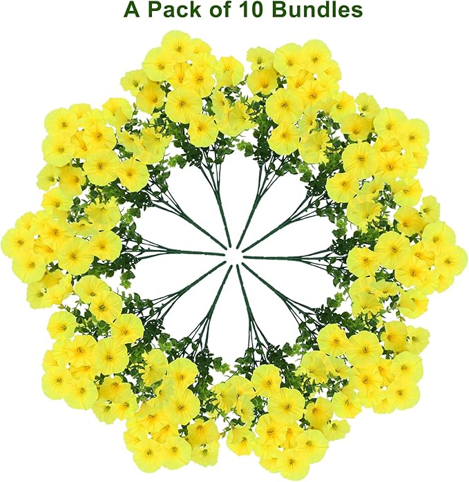 10 Bundles Artificial Flowers for Outdoor,UV Resistant Fake Petunia Flowers,Faux Plants for Outside Hanging Planters,Artificial Plants for Indoor Porch Garden Home Wedding Decor(Yellow)