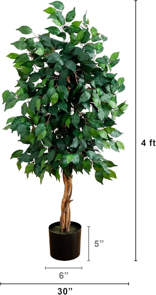 Nearly Natural 4ft Triple Trunk Artificial Ficus Tree with Natural Wood Trunks, Fake Tree for Indoor Home Décor, Faux Ficus Tree with Black Nursery Pot