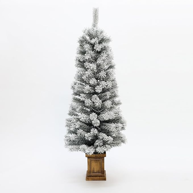 LuxenHome 5FT Potted Flocked Christmas Tree, Small Christmas Tree Prelit with 80 Warm White LED Lights, Lighted Pencil Artificial Christmas Trees with Square Planter Pot for Indoor, Outdoor