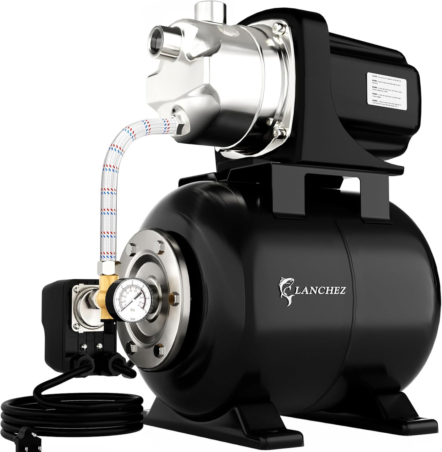 LANCHEZ 1.6HP Shallow Well Pump with Pressure Tank, 1340GPH Automatic Irrigation Water Booster Jet Pump, 115V Stainless Steel Water Transfer Pump for Home Garden Lawn Sprinkler Irrigation