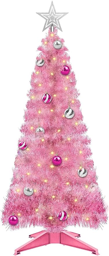 4 Ft Pink Christmas Tree with Timer Remote Control 8 Mode 100 Warm White Light 18 DIY Ball Ornaments 3D Star Battery Operated Small Xmas Tree Table Indoor Holiday Decor