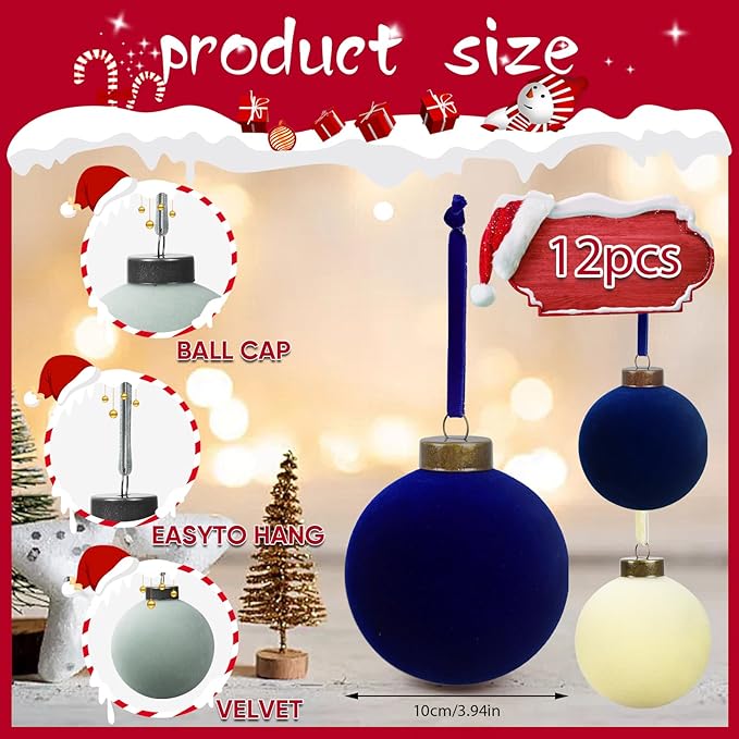 12 Pcs Velvet Christmas Balls Bulk Shatterproof Plastic Christmas Tree Decorations for Decorative Hanging Baubles (12, Beige、Haze Blue、Navy Blue, 3.94Inch)