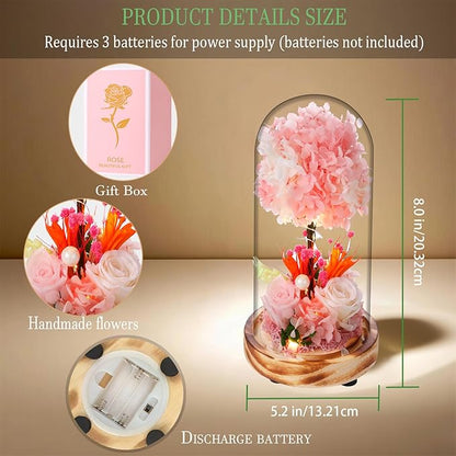 Christmas Preserved Flower Gifts with LED Lights, Pink Hydrangea and Rose Arrangement on Wood Base, 8 x 5.2 Inches, Battery Operated, No Watering Required Home Decor,All Occasions and All Festivals