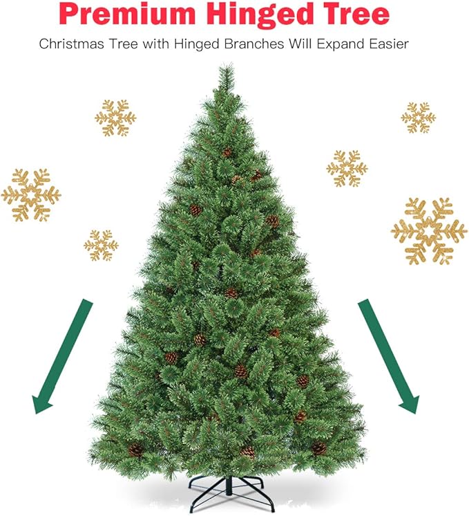 HAPPYGRILL 6FT Pre-Lit Hinged Christmas Tree Artificial Pine Tree with 484 Tips & 260 LED Lights, 49 Pine Cones & Foldable Metal Stand, Holiday Decoration Xmas Tree for Home and Shop