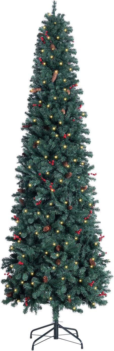 Naomi Home 9ft Pencil Christmas Tree with Lights, Realistic Pre-Decorated Slim Christmas Tree Prelit with 1457 Branch Tips, 500 Warm Lights and Metal Stand, Aritificial Xmas Tree
