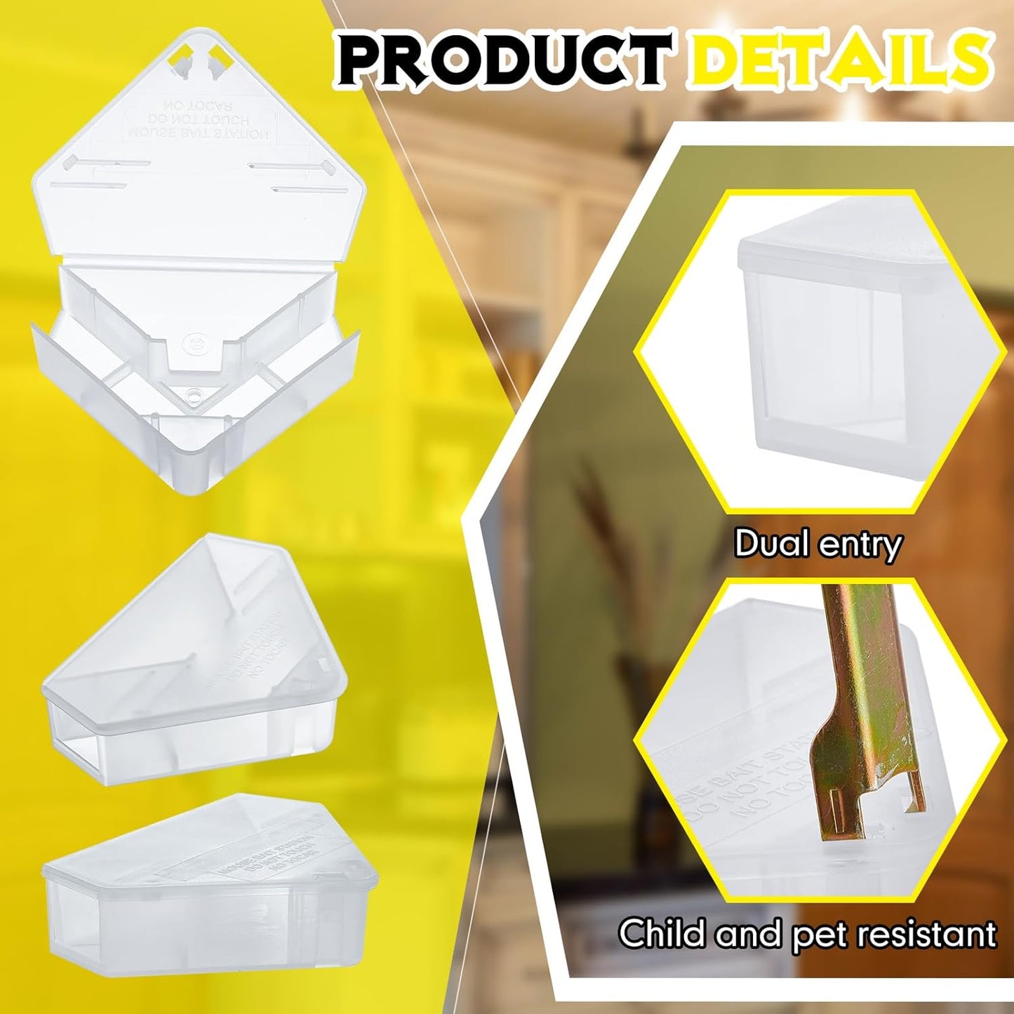 Qualirey 4 Pcs Mice Station with Key Triangle Bait Station Reusable Rodent Trap Bait Box, Keeps Children and Pets Safe Indoor & Outdoor, Bait Not Included, Suitable for Small Mice (Translucent)