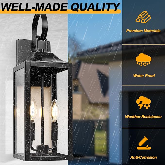 19" Black Outdoor Wall Lantern 2-Light, Large Outside Modern Porch Sconce Light Fixture, Industrial Porch Light Wall Mount with Glass, Waterproof Farmhouse Exterior Lamp Lighting （1 Pack）