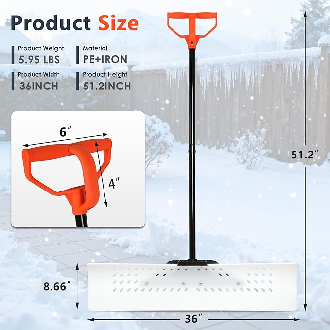 Orientools Snow Shovel and Pusher with Ergonomic Design, 36-Inch Wide Polyethylene Blade for Efficient Driveway and Sidewalk Snow Removal, Quick Connect Handle