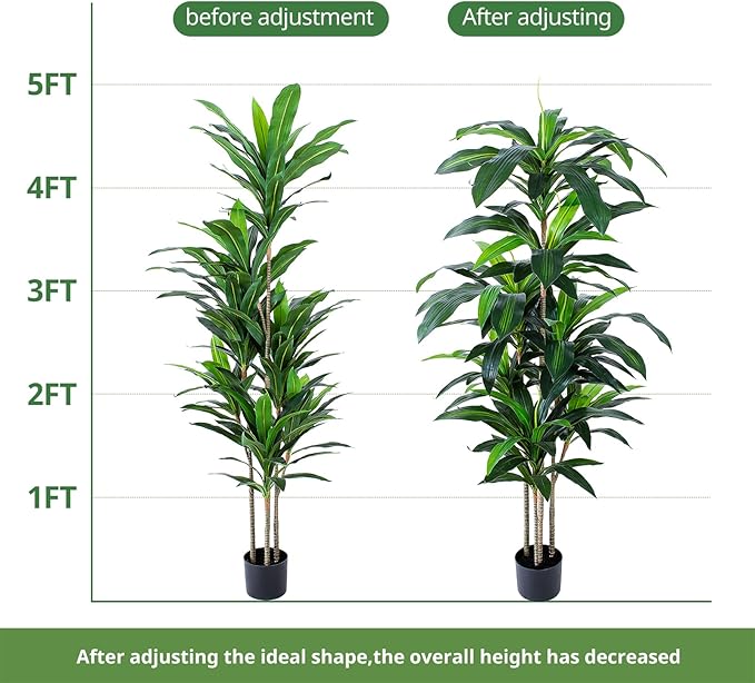 5 FT Dracaena Tree Artificial, Fake Tree with Plastic Pot, Faux Tropical Yucca Floor Plant Lifelike Foliage and Branches, Artificial Plants Indoor for Home Office Living Room Decor Indoor