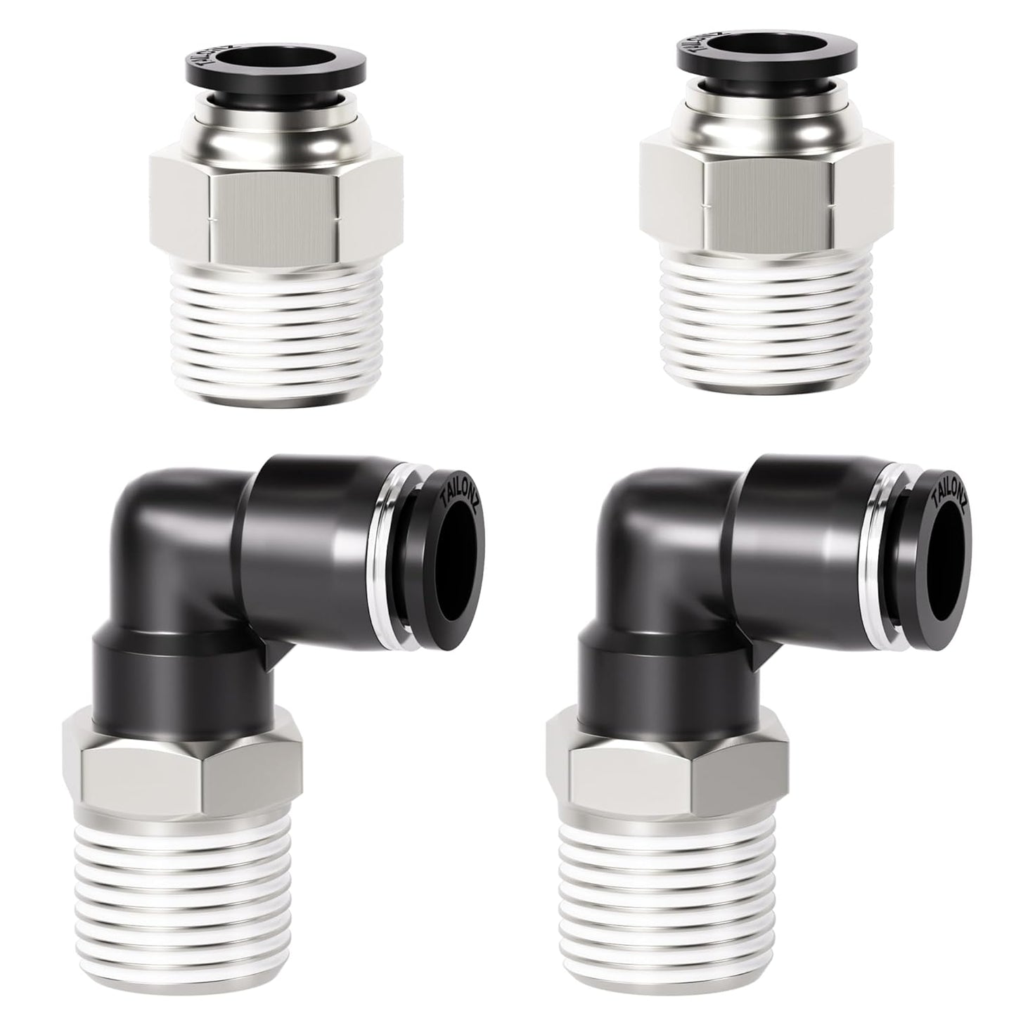TAILONZ PNEUMATIC Elbow and Straight Combination 3/8 Inch Tube OD x 3/8 Inch NPT Thread Push to Connect Fittings PC-3/8-N3+PL-3/8-N3(Pack of 4)