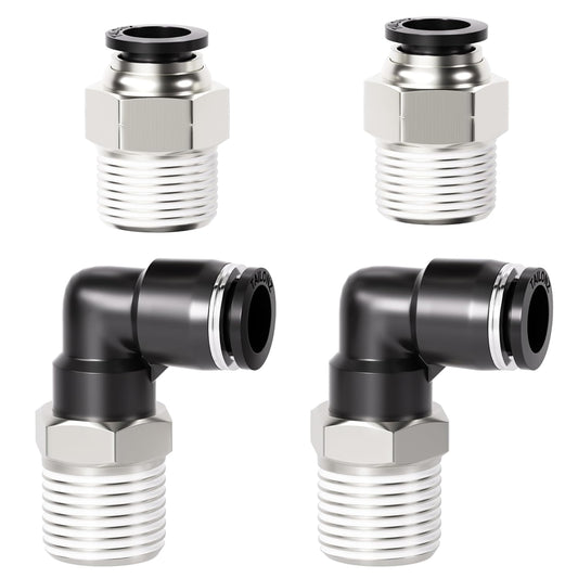 TAILONZ PNEUMATIC Elbow and Straight Combination 3/8 Inch Tube OD x 3/8 Inch NPT Thread Push to Connect Fittings PC-3/8-N3+PL-3/8-N3(Pack of 4)