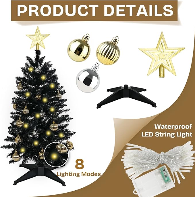 Sunshine Black Christmas Tree with Light 3ft Artifical Full Christmas Tree with Ball & Star Ornaments 8 Lighting Modes for Holiday Decor