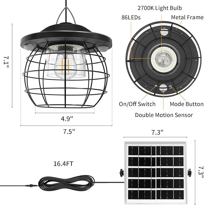 Shed Lighs Solar Powered 3000LM Solar Pendant Light Outdoor, Gazebo Lantern with 2 Motion Sensor Retro Style Metal Frame Solar Lamp with Remote for Canopy Garden Patio Umbrella, 3 Color Temps