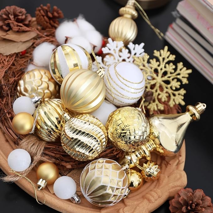 Christmas Tree Ornaments Decorations Set-116ct 1.18-6.5 Inch Assorted White Gold Shatterproof Decorative Hanging Christmas Ball Ornaments Bulk,Xmas Tree Tabletop Decorations for Holiday Decor
