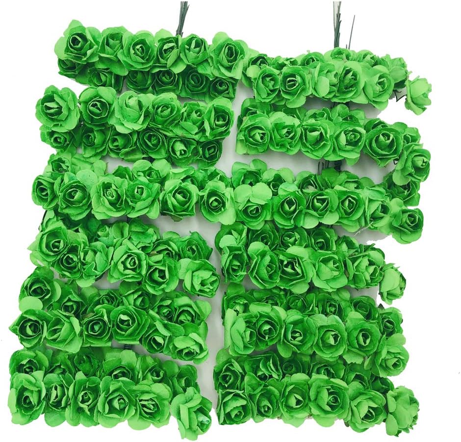 Mini Fake Rose Flower Heads 144pcs Mini Artificial Mulberry Paper Roses Flower with Wire Stem DIY Wedding Flowers Accessories Make Bridal Hair Clips Headbands Dress (Green)
