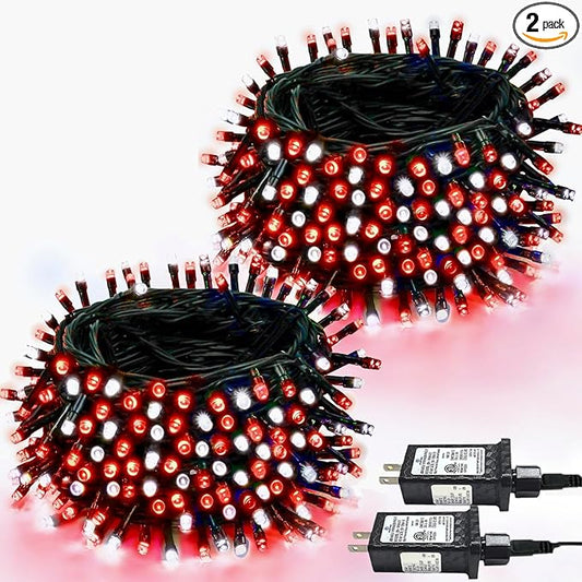 2-Pack 66FT 200 LED Christmas Lights, 13 Modes Extendable Christmas Tree Lights with Timer & Memory, Waterproof Twinkle Fairy Lights Green Wire Outdoor String Lights Indoor for Xmas Tree (Red White)