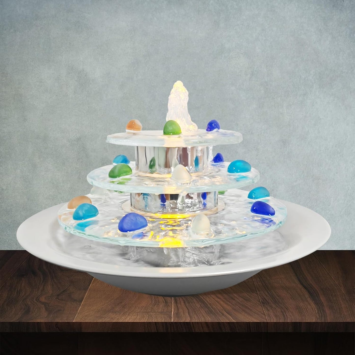 Indoor Tabletop Fountain 3-Tier Waterfall, Zen Meditation Fountains with LED Light, Home Desktop Soothing Sound Meditation Relaxing Water Feature for Office Room Table Decoration