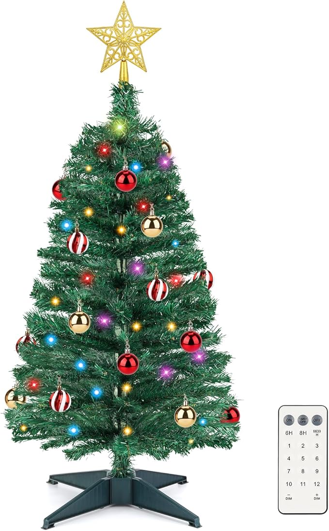 3 FT Small Christmas Tree with Lights, 12 Lighting Modes, Timer&Ornaments, Mini Fake Artificial Xmas Tree for Tabletop, Home, Office, Christmas Decoration Tree Decor