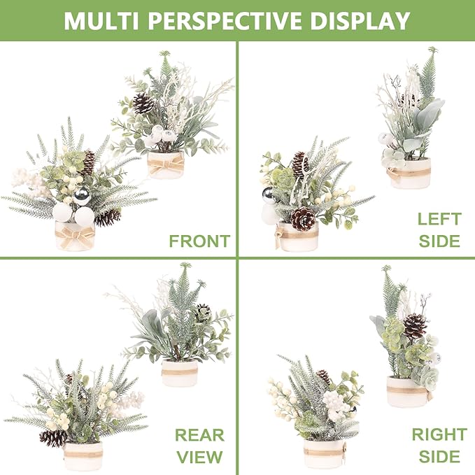 JJIALEIXI 2PCS Small Christmas Tree,11" Artificial Little Potted Mini Tabletop Tree Christmas Decorations, for Wedding Holiday Indoor Xmas Party Winter Decor (White/Green/Silver).