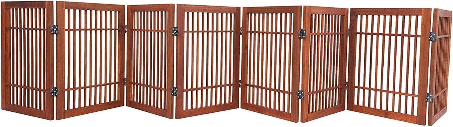 Urnporium Freestanding Pet Gate Folding Wooden Fence for Indoor & Outdoor Use, Durable Acacia Hardwood (Brown Pet Gate, 8 Panel 24" Tall)