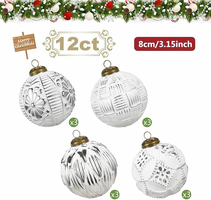 Christmas Ball Ornaments Set, 12ct 80mm Elegant White and Silver Assorted Xmas Tree Ball Ornaments, Shatterproof Christmas Tree Hanging Ornaments for Xmas Decoration