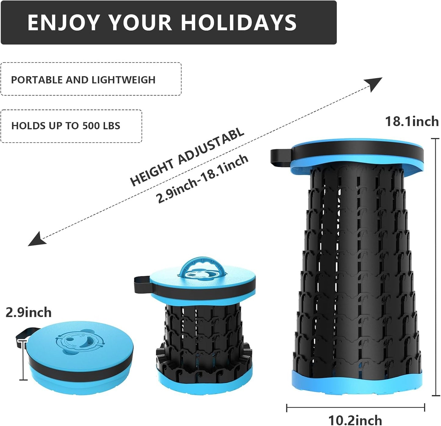 Upgraded Collapsible Stool with Max Load Capacity 330lbs Portable Telescoping & Folding Design Retractable Seat for Camping, Gardening, Fishing & Outdoor Adventures (Blue)