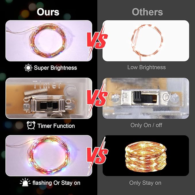 4 Pack 16.4ft Battery Operated String Lights with Timer, Multi Color with Synchronized Twinkle Mode, Fairy Lights Battery Powered, 50 LED, Idea for Christmas Bedroom Party Wedding