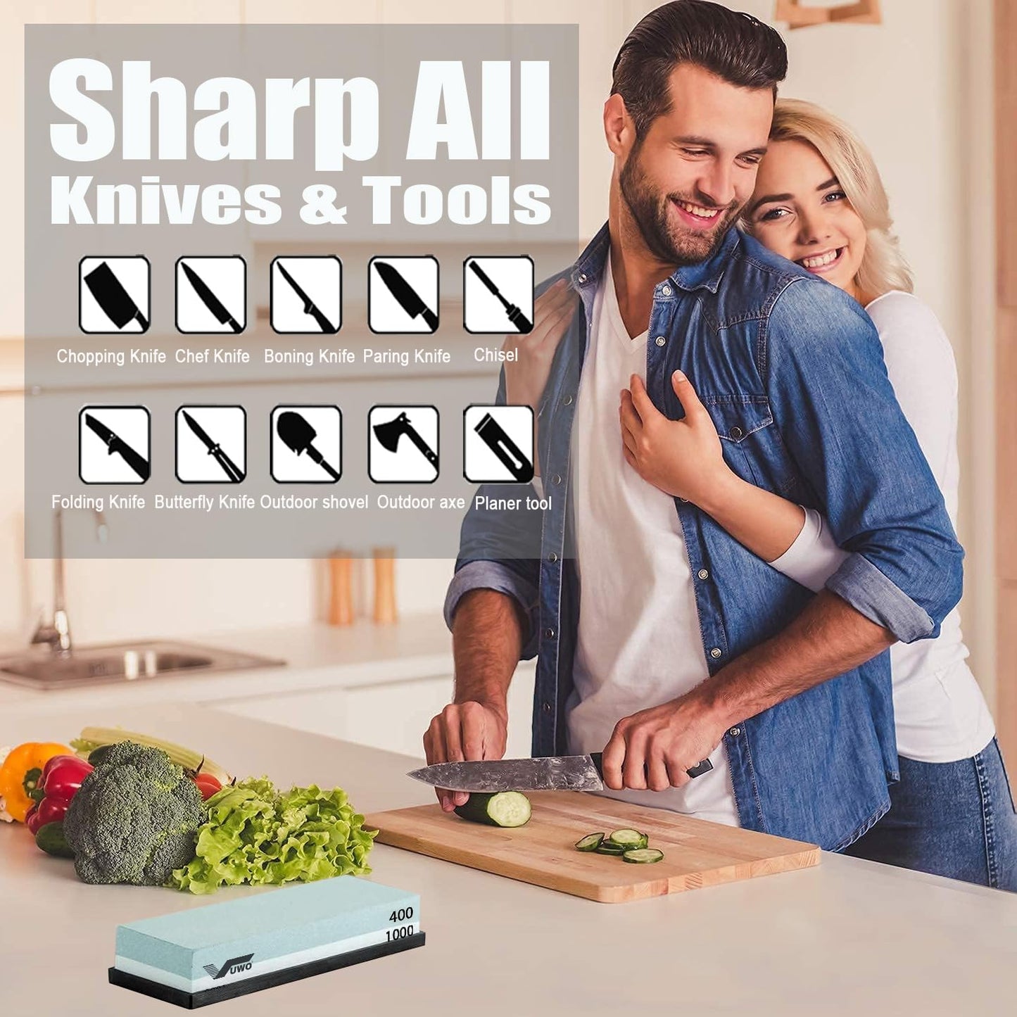 Knife Sharpening Stone Kit- Professional Knife Sharpener Wet Stone Dual Sided 400/1000 Grit with Non-slip Rubber Base Whetstone for Kitchen