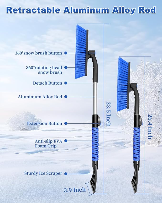Ice Scraper Brush for Car Windshield Window, 26'' to 33'' Aluminum Extendable Snow Brush for Car Window with Foam Grip and 360° Pivoting, Soft Broom Head for Car Vehicle Accessories