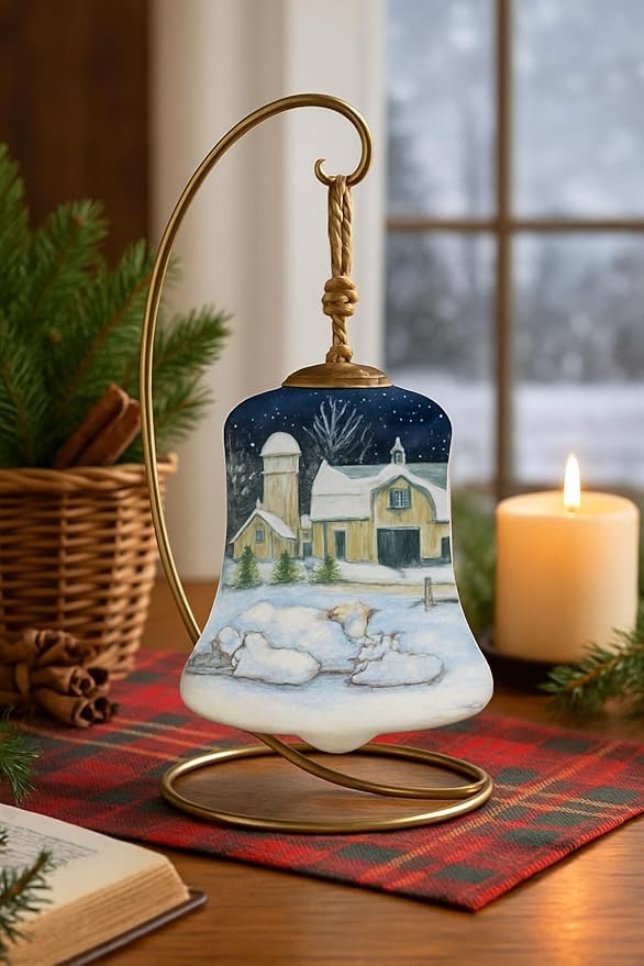 Winter on The Farm Bell Ornament – Reverse Hand-Painted Glass for Christmas Tree – Snowy Barn Scene with Sheep & Cardinal – Christmas Tree Decoration in Satin-Lined Gift Box