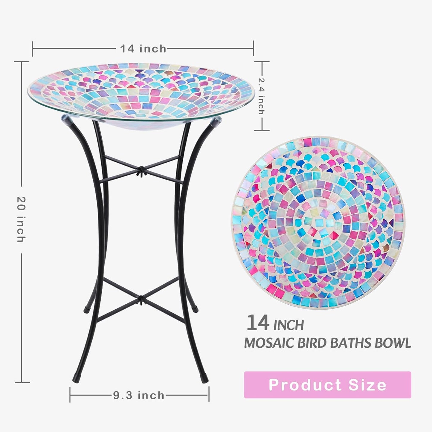 VCUTEKA Bird Baths for Outdoors, Mosaic Bird Bath with Metal Standing for Garden, Yards Patio Décor, Bird Lovers Gift, Glass Birdbath Detachable (20" H * 14" W)