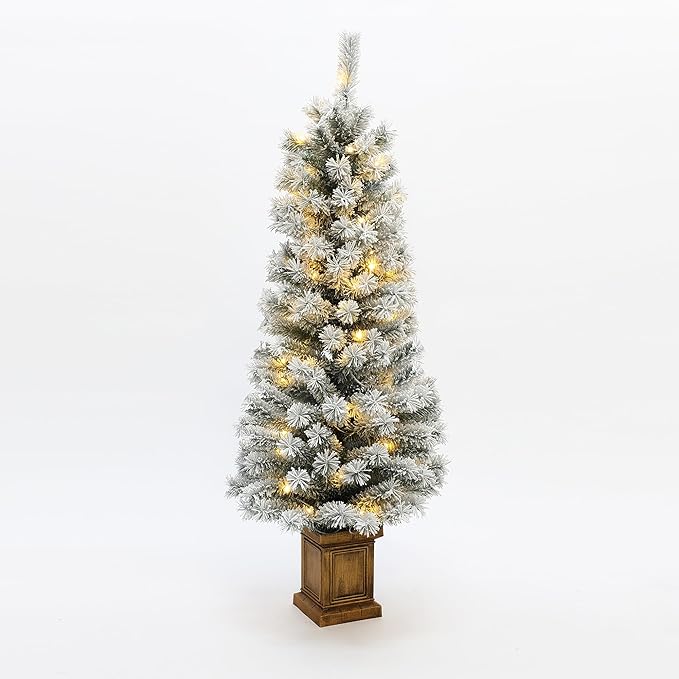 LuxenHome 5FT Potted Flocked Christmas Tree, Small Christmas Tree Prelit with 80 Warm White LED Lights, Lighted Pencil Artificial Christmas Trees with Square Planter Pot for Indoor, Outdoor