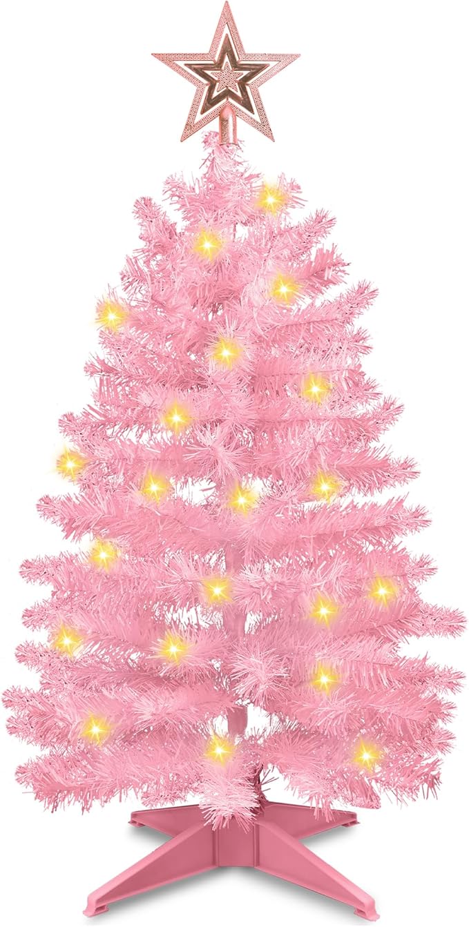 3 Ft Pink Christmas Tree with Lights, Timer 8 Modes 50 Warm White Lights Battery Operated Small Artifical Full Christmas Tree for Tabletop Home Office Indoor Outdoor Xmas Holiday Party Decorations
