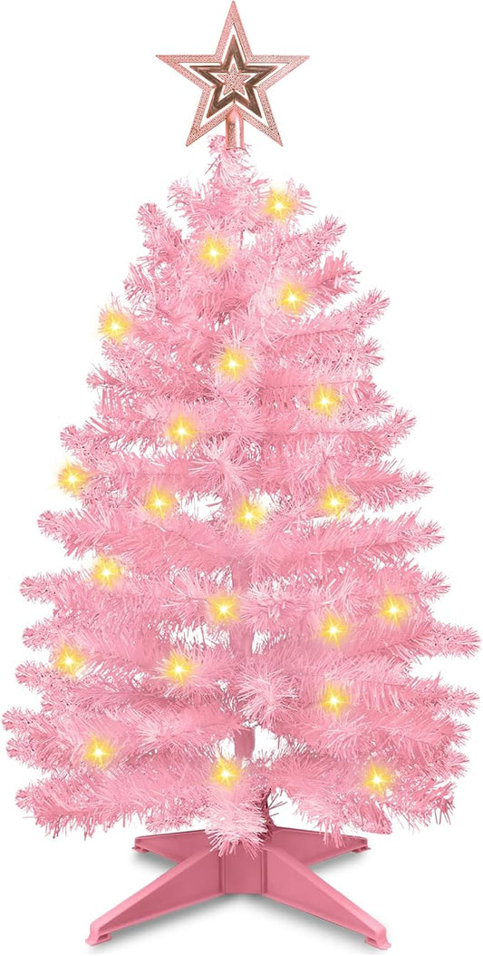 3 Ft Pink Christmas Tree with Lights, Timer 8 Modes 50 Warm White Lights Battery Operated Small Artifical Full Christmas Tree for Tabletop Home Office Indoor Outdoor Xmas Holiday Party Decorations