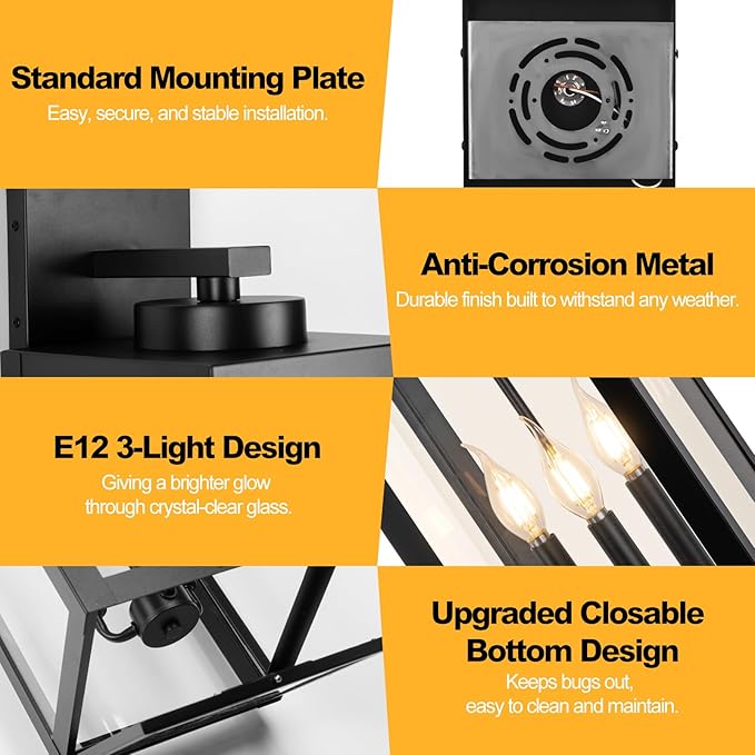 24" Extra Large Fully Enclosed Outdoor Light Fixture 3-Light, Black Outdoor Porch Lantern Wall Mounted, Waterproof Modern Outside Wall Sconce Coach Lamp for House, E12, 2 Packs