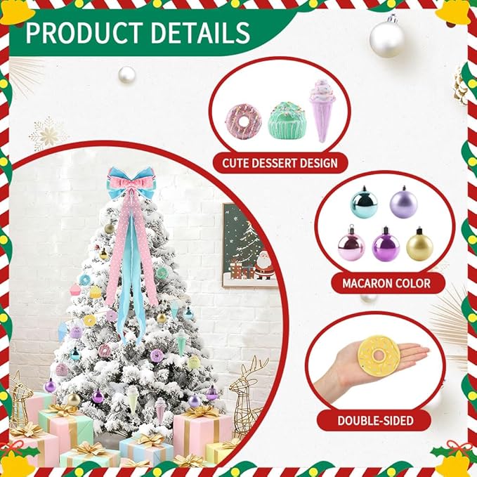Christmas Tree Decorations Set,Christmas Ball Ornaments Glittering Plastic Hanging Decorations Elf Balls,Large Tree Topper Wreath Bow,Candy Peppermint Wood Ornaments (Macron)