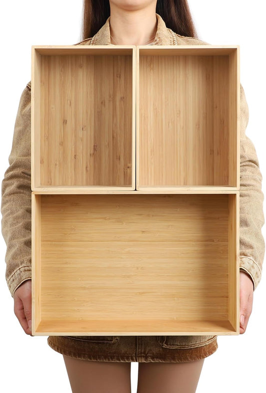 3-Piece Large Bamboo Storage Box Set, 7.1 in High Stackable Deep-Drawer Organizer for Kitchen Cutlery, Utensils & Knives, Exquisite and Durable Lidless Wooden Bin (14.6"x10.2x7.1"*1+10.2"x7.3"x3"*2)