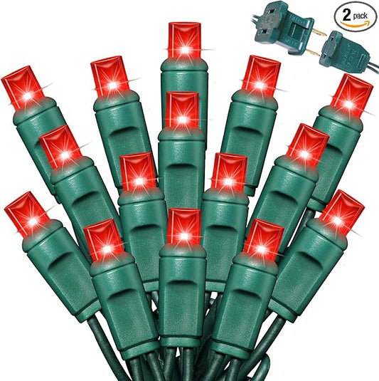 LAMPHOME 100Count (2pk of 50L) String Lights, LED Christmas Lights, 6" SPACING,Green Wire,RED