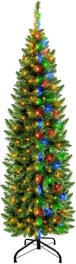 5 Ft Prelit Pencil Artificial Christmas Tree with Timer 180 LED Warm White & Colorful Change Lights 8 Modes Plug in 550 Branch Tips Metal Stand Slim Tree Xmas Decor Indoor Outdoor