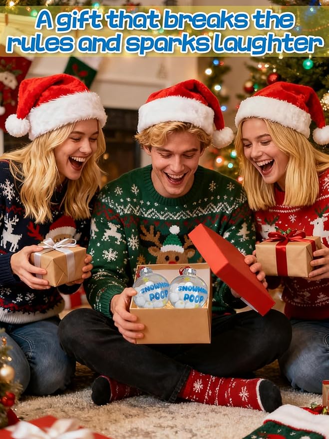 Funny Christmas Tree Ornaments for Adults 2025 - Snowman Poop Balls Unique Novelty Decorations, White Elephant Inappropriate Gag Gifts, 3.2" Dia. (2 Pack)