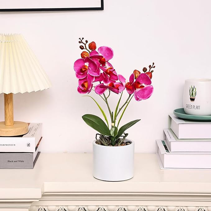 Jusdreen Artificial Purple Orchid, Phalaenopsis in Ceramic Pot with Vase for Home Office Table Decor, Flower Centerpiece