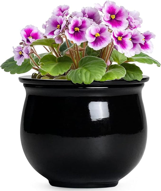 Ceramic African Violet Self Watering Pots, 6 Inch Self Watering Plant Pot with Absorbent Inner Pot, Flower Pots for Indoor Plants, Round Ceramic Planter, Home Decor, Plant Lover Gifts, Black