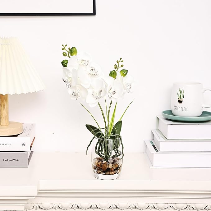 Jusdreen White Orchid Centerpiece in Glass Vase, 14.5 Inch Artificial Phalaenopsis with Potting for Home Office Decor, Table Centerpiece