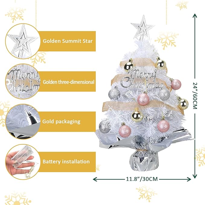 Small Mini Table top Christmas Tree with 50 LED Lights 24 Inch /2FT Little Prelit Christmas Tree Decorated Gift Boxes and Hanging Ornaments for DIY Christmas Decoration