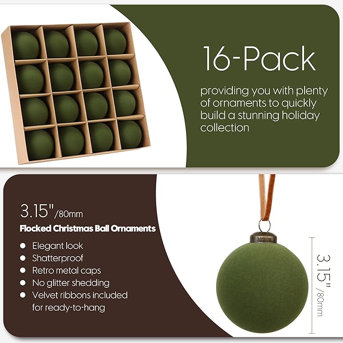 Sea Team 16-Pack Flocked Velvet Christmas Tree Ball Ornaments Set, Hanging Velour Baubles, Shatterproof Plastic Decorations for Xmas Tree, Wreath, Garland, 80mm/3.15 Inches, Olive Green