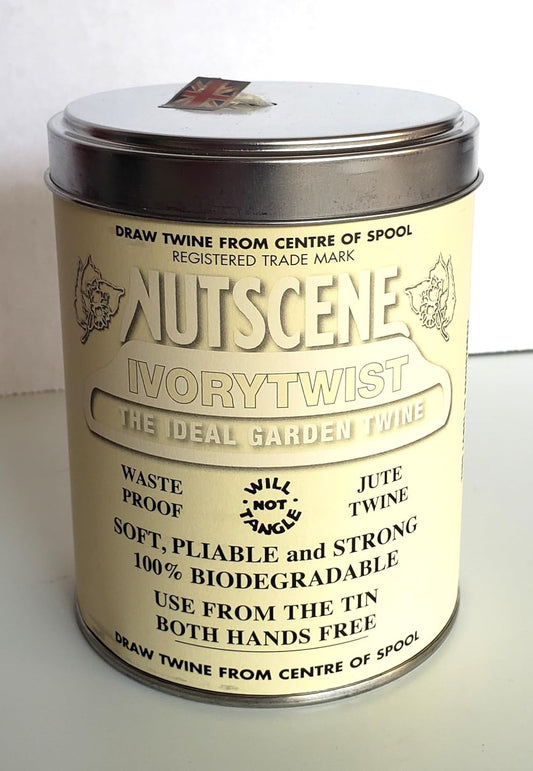 NUTSCENE Iconic Tin (Tin ‘O’ Twine) with Their Heritage Scottish Jute Twine and Hole in Top for Easy Dispensing. 14+ Colors to Choose from. 164 Yards. (Ivory)